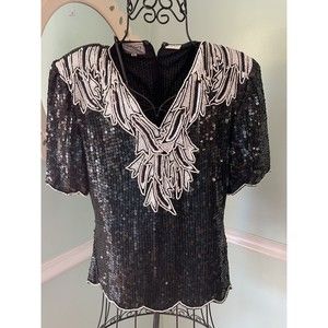 Stenay Sequins Motif Black White Short Sleeve Top Shirt Women's L Scalloped Hem